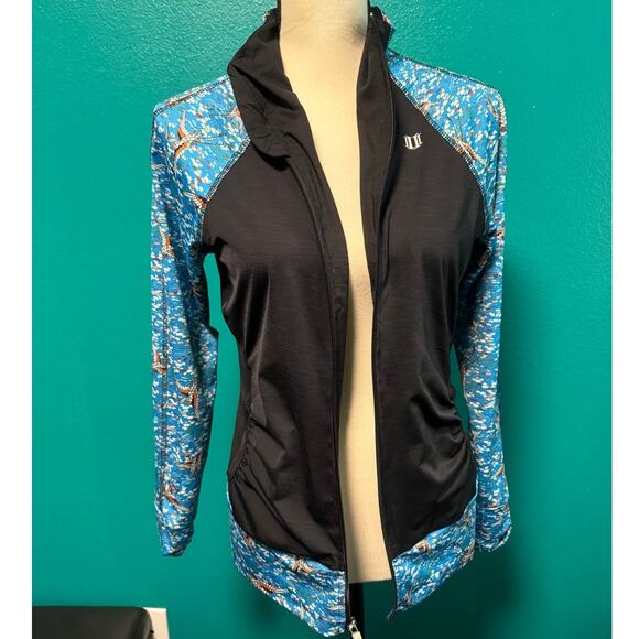 Eleven by Venus Williams Activewear Jacket Black Rouched Blue Crane Print Small - Picture 8 of 12